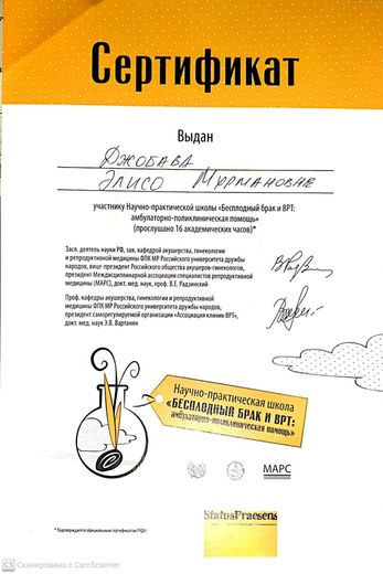 Сертификат школы «Бесплодный брак и ВРТ», РУДН