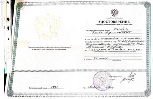 Удостоверение о краткосрочном повышении квалификации: патология шейки матки, РГМУ Росздрава, 2006